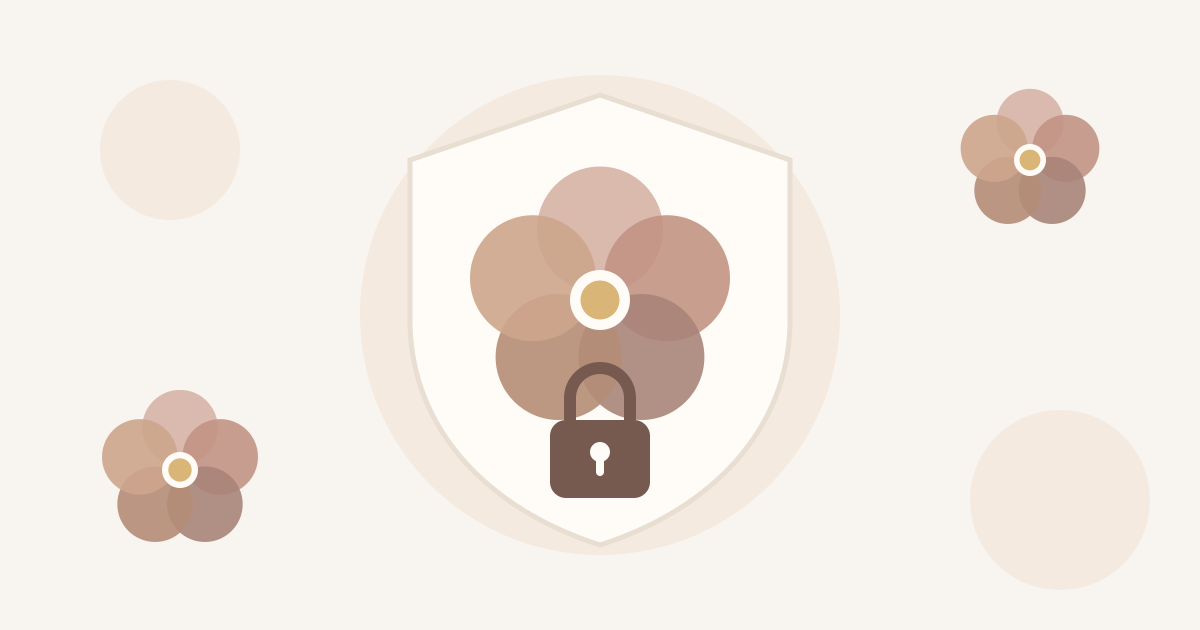 An illustration of a shield with a forget-me-not flower and a small padlock